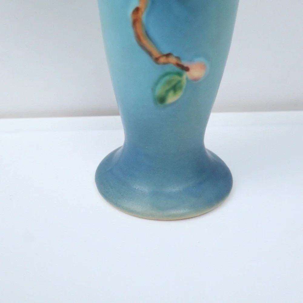 Roseville Vintage Pottery Apple Blossom Vase Shape 382-7 Aqua Blue